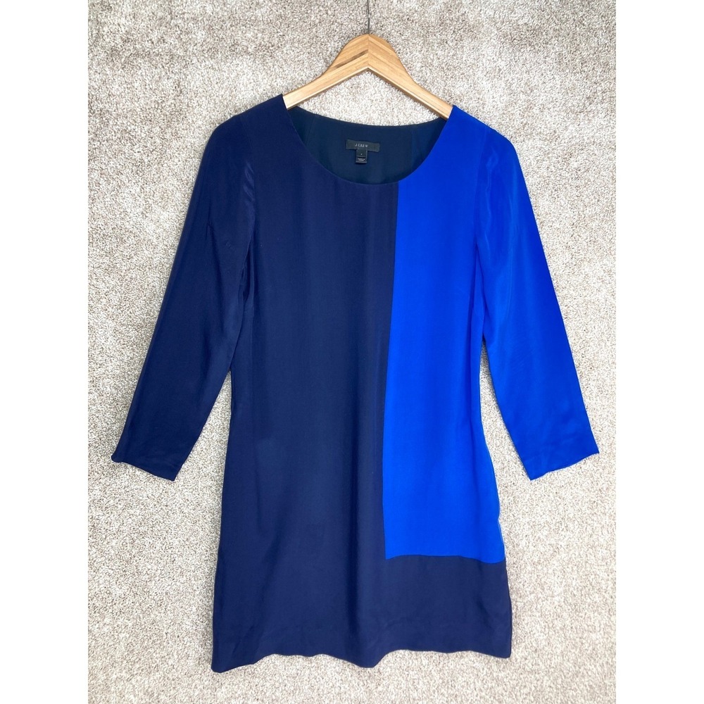 J. Crew Colorblock Silk Mini Shift Dress Women Sz 0 Blue Navy Office Minimalist